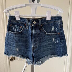 Levi's 501 Original Fit High Rise Dark Blue Distressed Jean Shorts NWOT W26